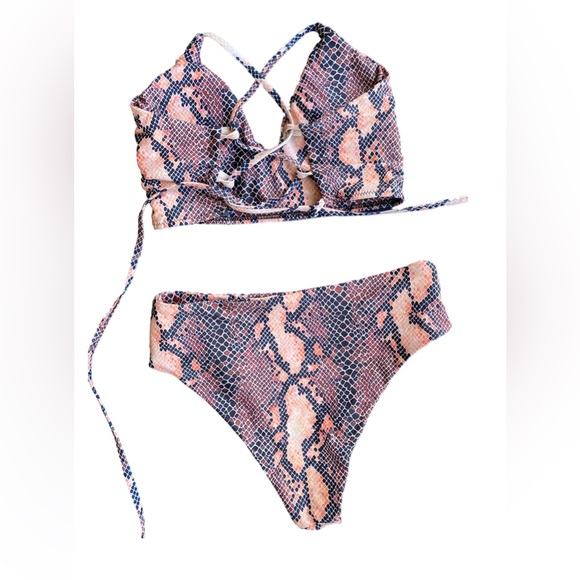Snakeskin Lace-up Back High Waisted Bikini Swimsuit SHEIN 2 Piece Set - Picture 2 of 2